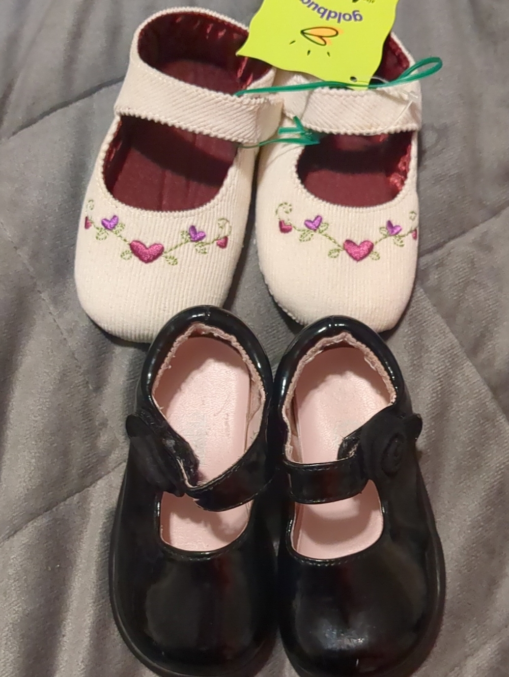 Goldbug Cream Embroidered Mary Janes & Teeny Toes Black Patent Dress Shoes